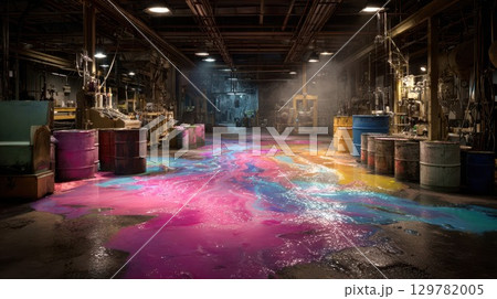 A vibrant puddle of multicolored liquid spills across the floor of a dark, industrial factory, creating a vivid, abstract scene 129782005
