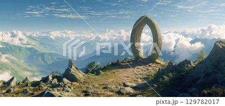 A large, circular ancient stone monolith stands on a mountain ridge, overlooking a stunning panoramic view of misty valleys and clouds below 129782017