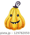 Yellow cute pumpkin with smile and magic hat. Kids hand-drawn watercolor isolated illustration on white background. Perfect for Halloween decoration, sign, card, label, invitation, and festive design 129782050
