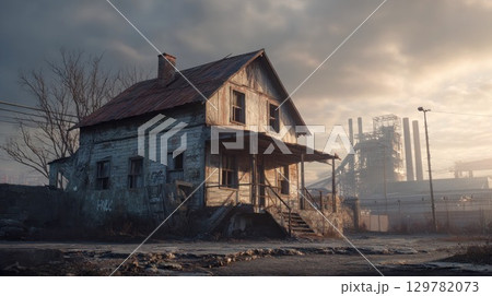 An old, dilapidated farmhouse with a rusty roof and a worn porch stands in a desolate, industrial landscape under a dramatic, cloudy sky 129782073