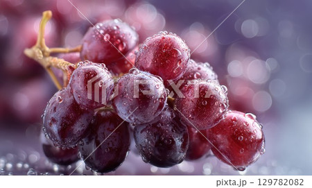 A macro shot of a bunch of fresh, vibrant red grapes covered in water droplets on a blurred purple background 129782082