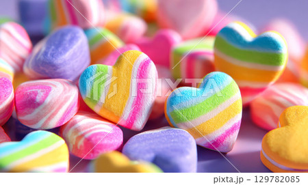 A close-up shot of colorful heart-shaped candy, perfect for valentine's day, holidays, and celebrations 129782085