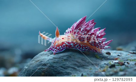 A vibrant underwater shot of a colorful nudibranch, a sea slug, on a rock 129782093