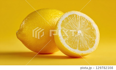 A bright, juicy yellow lemon, perfectly sliced in half, sits on a vibrant yellow background 129782108