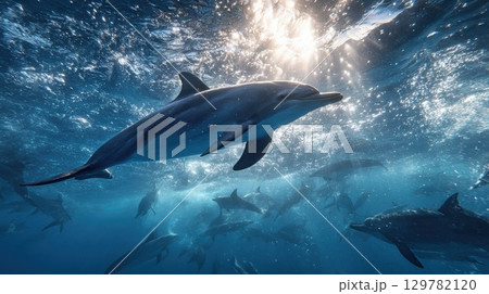 A dynamic underwater shot captures a pod of dolphins swimming playfully toward the sunlight A dynamic underwater shot captures a pod of dolphins swimming playfully toward the sunlight 129782120