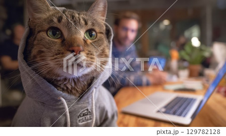 A cat in a grey hoodie sits attentively at a table with a laptop, looking like a focused remote worker A cat in a grey hoodie sits attentively at a table with a laptop, looking like a focused remote worker 129782128