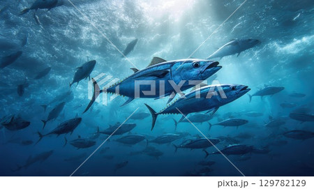 A dynamic underwater shot of a large school of bluefin tuna swimming in the deep blue ocean A dynamic underwater shot of a large school of bluefin tuna swimming in the deep blue ocean 129782129