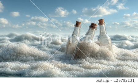 Three corked glass bottles appear half-submerged in a mysterious, foamy white substance under a dramatic sky Three corked glass bottles appear half-submerged in a mysterious, foamy white substance under a dramatic sky 129782131