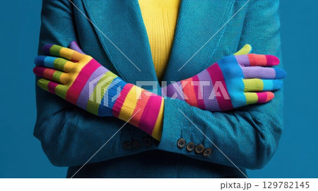 A person in a blue blazer with rainbow-striped sleeves and a yellow sweater crosses their arms A person in a blue blazer with rainbow-striped sleeves and a yellow sweater crosses their arms 129782145
