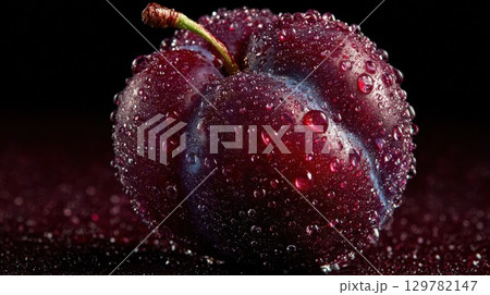 A close-up of a fresh, wet plum with glistening water droplets on its deep purple skin 129782147