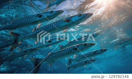 A school of barracudas swims in unison beneath the ocean's surface, with sunlight filtering through the water 129782148