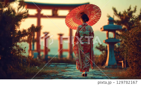 A woman in a beautiful, traditional Japanese kimono and holding a red parasol walks along a stone path toward a Torii gate at sunset, evoking a sense of tranquil travel 129782167