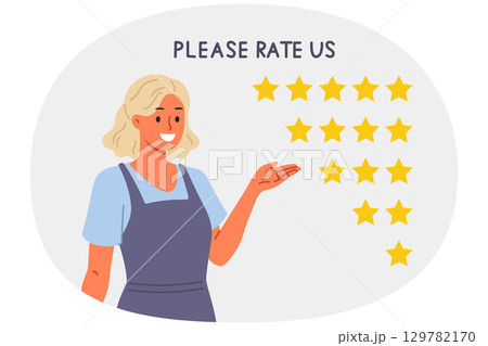 Stars for rating and feedback, near woman waitress recommending participation in quality assessment Stars for rating and feedback, near woman waitress recommending participation in quality assessment 129782170