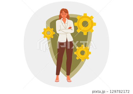 Woman cyber security engineer recommends antivirus for data protection, stands near large shield 129782172