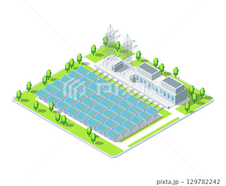 Cartoon Color Solar Panel Field Object Industrial Energy Building Concept 3d Isometric View Isolated on a White. Vector illustration Cartoon Color Solar Panel Field Object Industrial Energy Building Concept 3d Isometric View Isolated on a White. Vector illustration 129782242