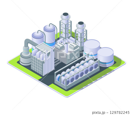 Cartoon Color Petrochemical Plant Object Industrial Energy Building Concept 3d Isometric View Isolated on a White. Vector illustration 129782245