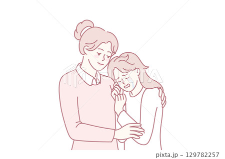 Loving mom hug comfort crying teen daughter 129782257