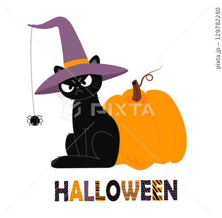 Angry Sad Black Cat Halloween In Witch Hat With spider and Orange Pumpkin. Autumn holiday Funny Pet character. Vector illustration. Not AI 129782280