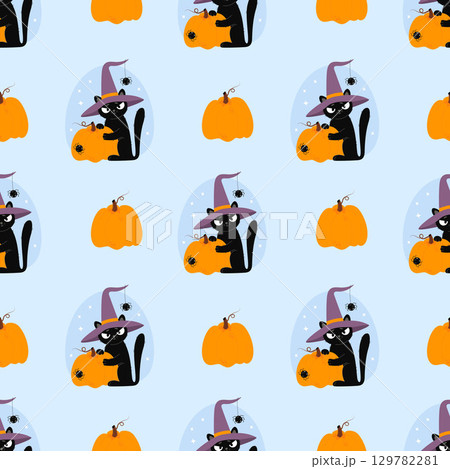 Seamless pattern. Cute Black Cat in Halloween Witch Hat With spider and Orange Pumpkin on blue background. Vector illustration for festive design, packaging, wallpaper, textile. Not AI. Seamless pattern. Cute Black Cat in Halloween Witch Hat With spider and Orange Pumpkin on blue background. Vector illustration for festive design, packaging, wallpaper, textile. Not AI. 129782281