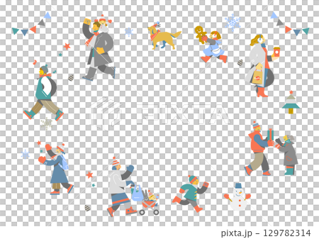 享受冬天的人們的畫面—色彩繽紛、有趣的人物插圖 享受冬天的人們的畫面—色彩繽紛、有趣的人物插圖 129782314