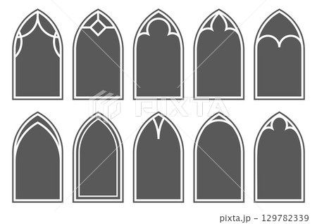 Church windows with arched frames and stained glass. Cathedral gothic architecture shapes. Silhouettes of medieval castle doors isolated on white background. Classic catholic interior decoration 129782339