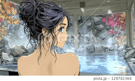 美優シリーズ：露天風呂で紅葉を眺める女性の後ろ姿（山の温泉にて） 129782368
