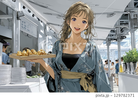 屋台のたこ焼きを手にする浴衣の女性 129782371