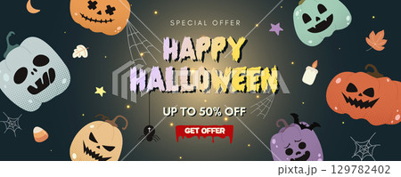 Halloween celebration with spooky elements and special offers. Vector illustration Halloween celebration with spooky elements and special offers. Vector illustration 129782402