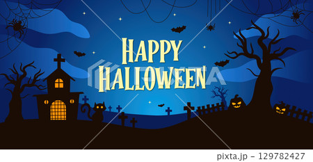 Halloween excitement with dark silhouettes and moonlit ambiance. Vector illustration Halloween excitement with dark silhouettes and moonlit ambiance. Vector illustration 129782427