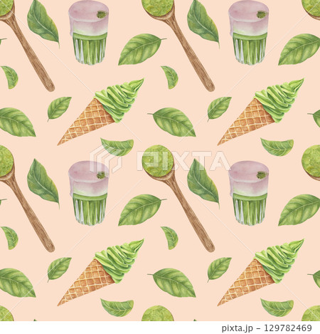 Seamless pattern with matcha tea elements 129782469