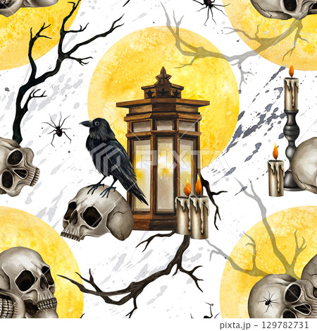 Halloween seamless pattern skulls, black ravens, lantern, branches, candelabrum with burning candle, yellow full moon. Watercolor illustration isolated from background for Day of the Dead decoration. 129782731
