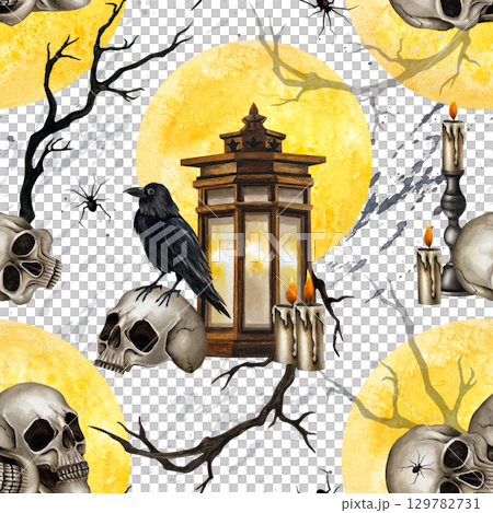 Halloween seamless pattern skulls, black ravens, lantern, branches, candelabrum with burning candle, yellow full moon. Watercolor illustration isolated from background for Day of the Dead decoration. 129782731