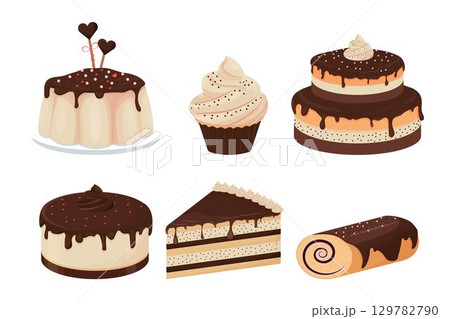 Set of detailed desserts glazed with chocolate cupcake, cheesecake, pudding, cake isolated on white background. Delicious collection clipart, design element. 129782790