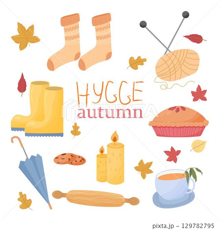 Set, bundle hygge autumn comfortable objects isolated on white background. Naive stylish socks, candles, umbrella, hot pie, knitting hobby stock vector illustration 129782795