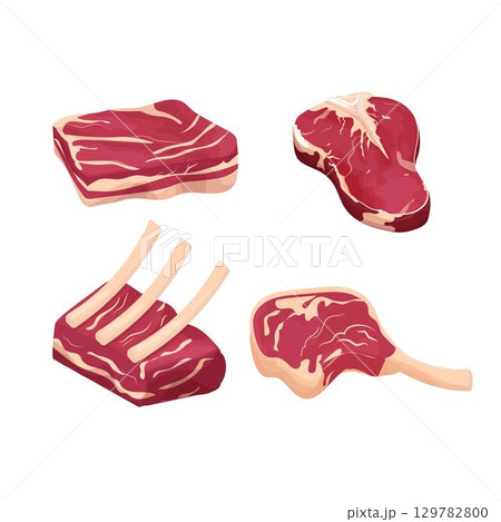 Set difference pieces, slice raw meat, steak isolated on white background. Detailed drawing with fat and rib. Objecs, clipart. Close up view. Set difference pieces, slice raw meat, steak isolated on white background. Detailed drawing with fat and rib. Objecs, clipart. Close up view. 129782800