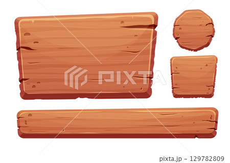 Wood button set in cartoon style with cracked details isolated on white background. Game assets, ui interface, menu. Collection of different shapes for application. 129782809