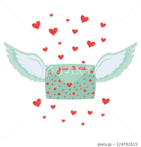 Cute romantic love letter with wings and hearts isolated on white background. Text you and me. Decoration, design element, clipart for Valentine day celebration, romantic holiday. Cute romantic love letter with wings and hearts isolated on white background. Text you and me. Decoration, design element, clipart for Valentine day celebration, romantic holiday. 129782815