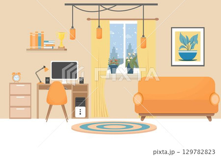 Modern interior in bright colours with workplace, computer, lamp, cozy sofa, chair, bookshelf, books stock vector illustration. Elegant room for your design. 129782823