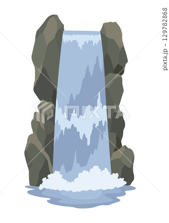 Cartoon river waterfall. Landscape with mountains and trees. Design element for travel brochure or illustration mobile game. Fresh natural water Cartoon river waterfall. Landscape with mountains and trees. Design element for travel brochure or illustration mobile game. Fresh natural water 129782868