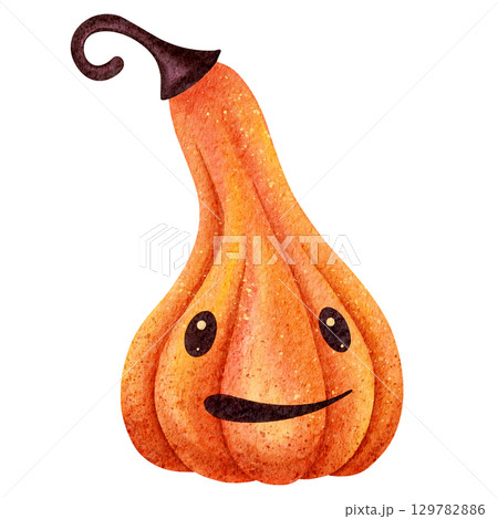 Funny red-orange pumpkin with hat, watercolor drawing illustration. Happy Halloween kids clip art on white background Ideal for party decoration, greetings, postcards, labels, invitation, design. 129782886