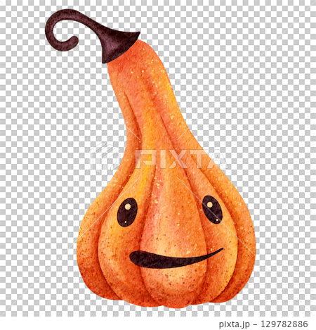 Funny red-orange pumpkin with hat, watercolor drawing illustration. Happy Halloween kids clip art on white background Ideal for party decoration, greetings, postcards, labels, invitation, design. 129782886