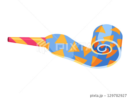 Party blower or noise maker icon. Rolled sound, celebration concept. Flat design of party horn sticker. Vector cartoon illustration 129782927