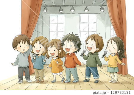 子どもたちがステージで演劇発表をしている 129783151