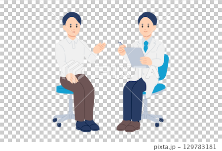 一位男醫生和一位中年男性患者正在進行採訪[人物向量插圖素材] 129783181