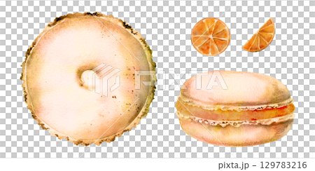 Citrus macarons with cut orange slices in watercolor, whoopie pie bun biscuit, side and top view. Isolated hand drawn illustration. Summer packaging, juice bar branding, or fresh-themed product lines. 129783216