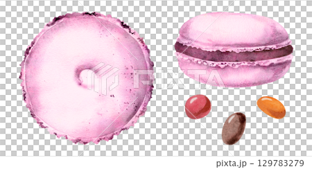 Whoopie moon pies, macarons with scattered sugar candy dragee bonbons in watercolor, puffy cream filling. Isolated hand drawn dessert illustration. Culinary infographics, party decor, recipe cards. Whoopie moon pies, macarons with scattered sugar candy dragee bonbons in watercolor, puffy cream filling. Isolated hand drawn dessert illustration. Culinary infographics, party decor, recipe cards. 129783279