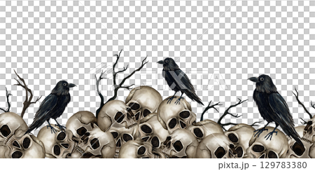 Pile of skulls, dry branches, black raven seamless border. Watercolor illustration isolated from background. For Halloween decoration, Gothic style for textile, packaging on Day of the Dead design 129783380