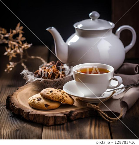 homemade cookies with raisins and tea 129783416