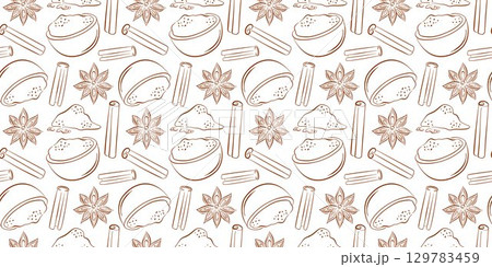 Seamless pattern with line art style cinnamon stick, star anise, spice powder in bowl. Perfect for packaging, kitchen textile, food background and aromatic culinary themed design. 129783459
