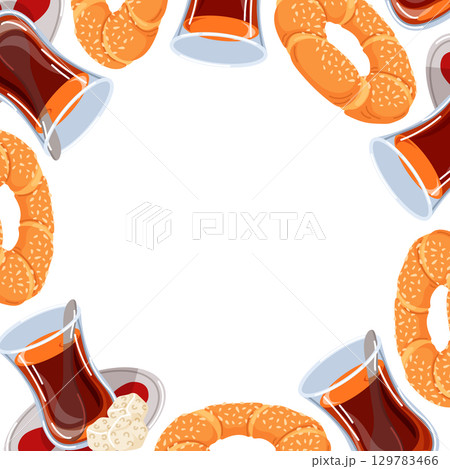 Traditional Turkish tea in curved glasses with sesame simit bread arranged in a decorative border on white background. Perfect for food design menu, templates packaging and culinary decoration. Traditional Turkish tea in curved glasses with sesame simit bread arranged in a decorative border on white background. Perfect for food design menu, templates packaging and culinary decoration. 129783466